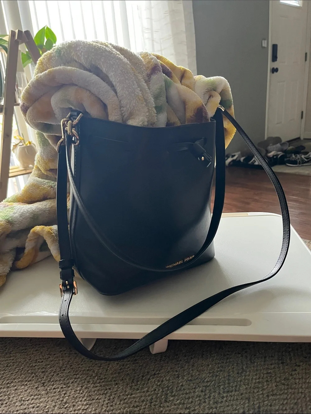 Michael Kors Black Leather Bucket Shoulder Bag with Gold Hardware
